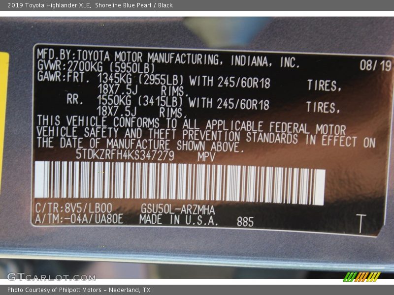 Shoreline Blue Pearl / Black 2019 Toyota Highlander XLE