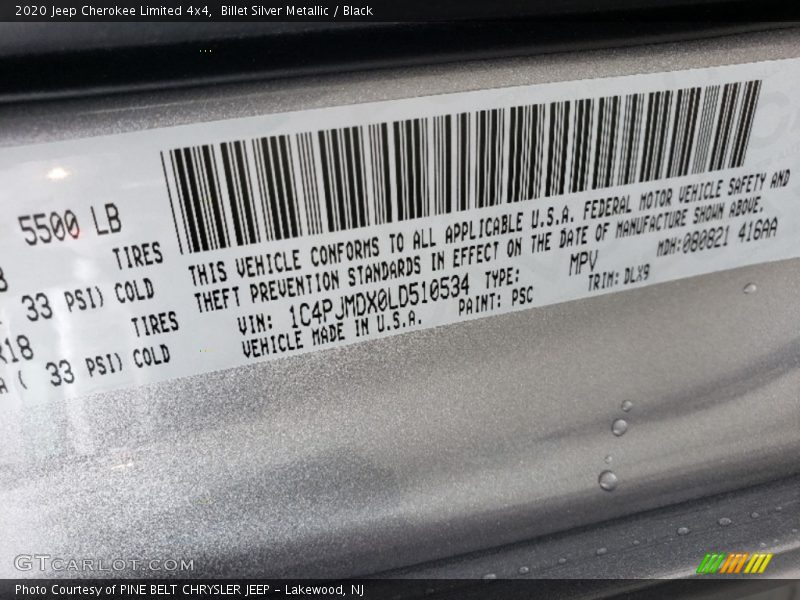 2020 Cherokee Limited 4x4 Billet Silver Metallic Color Code PSC