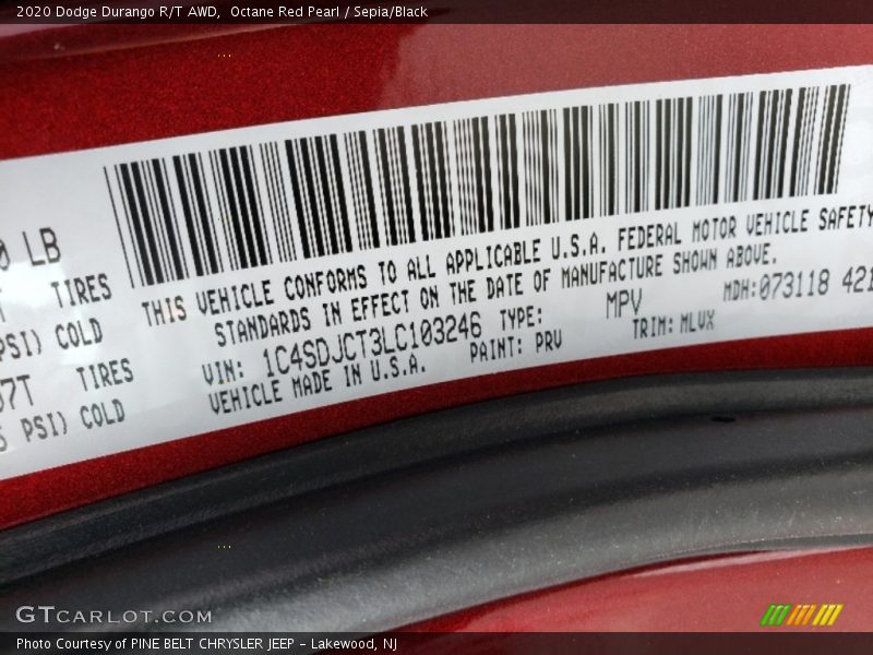 2020 Durango R/T AWD Octane Red Pearl Color Code PRV