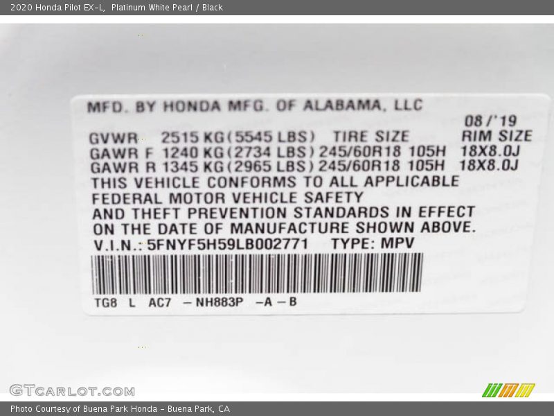 Platinum White Pearl / Black 2020 Honda Pilot EX-L