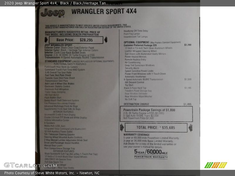  2020 Wrangler Sport 4x4 Window Sticker