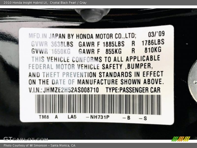 Crystal Black Pearl / Gray 2010 Honda Insight Hybrid LX