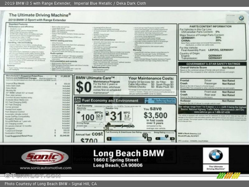 Imperial Blue Metallic / Deka Dark Cloth 2019 BMW i3 S with Range Extender