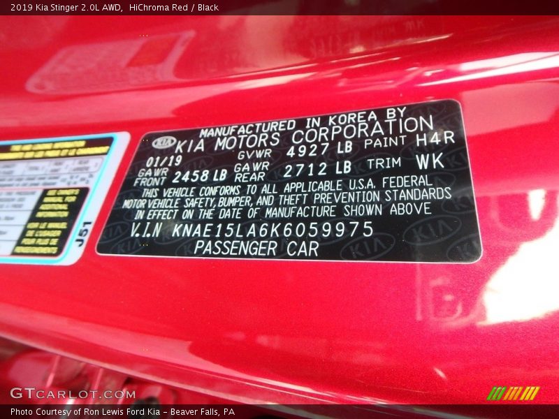2019 Stinger 2.0L AWD HiChroma Red Color Code H4R