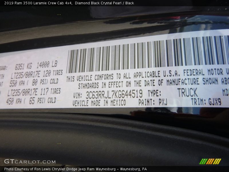2019 3500 Laramie Crew Cab 4x4 Diamond Black Crystal Pearl Color Code PXJ