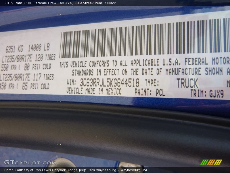 2019 3500 Laramie Crew Cab 4x4 Blue Streak Pearl Color Code PCL