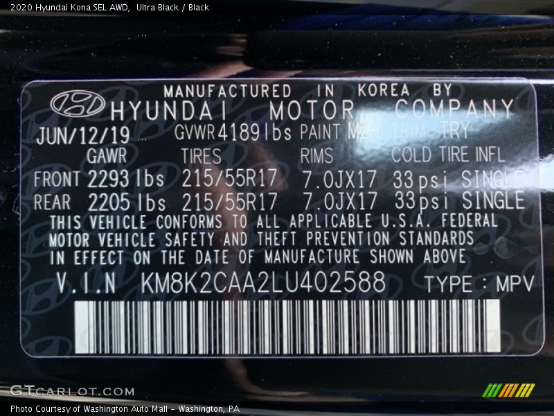 Ultra Black / Black 2020 Hyundai Kona SEL AWD