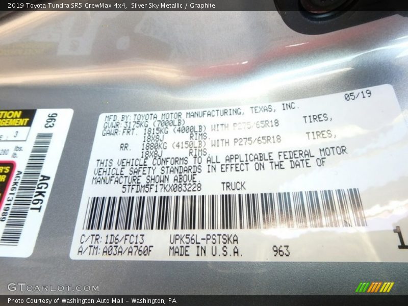 Silver Sky Metallic / Graphite 2019 Toyota Tundra SR5 CrewMax 4x4