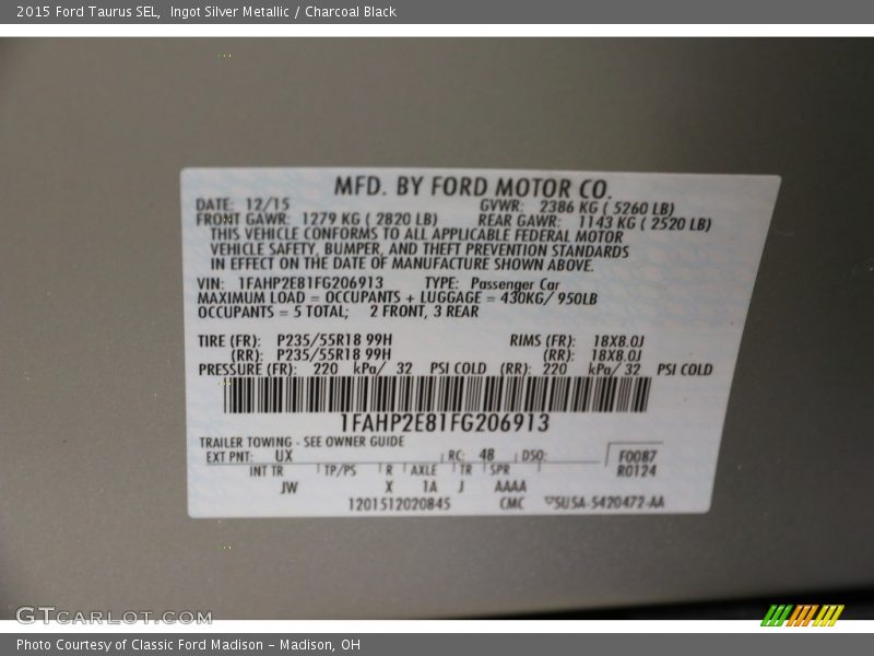 Ingot Silver Metallic / Charcoal Black 2015 Ford Taurus SEL