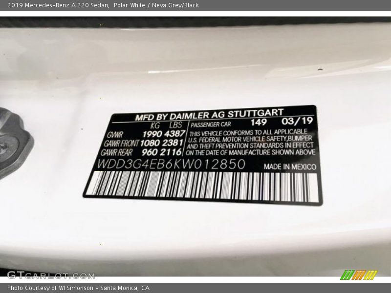 Polar White / Neva Grey/Black 2019 Mercedes-Benz A 220 Sedan