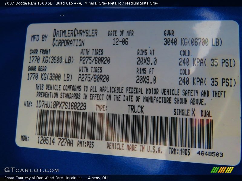 Mineral Gray Metallic / Medium Slate Gray 2007 Dodge Ram 1500 SLT Quad Cab 4x4
