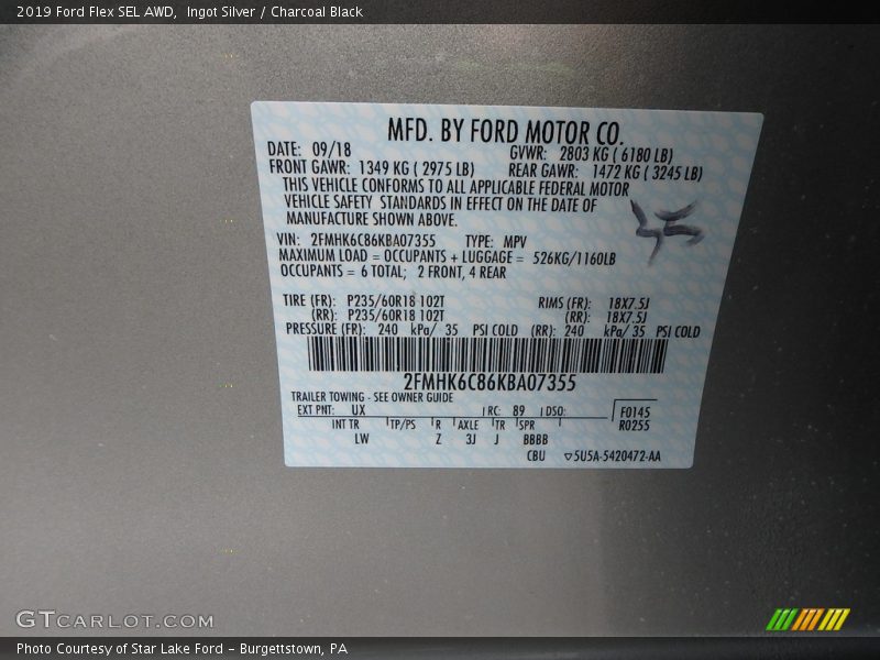 2019 Flex SEL AWD Ingot Silver Color Code UX
