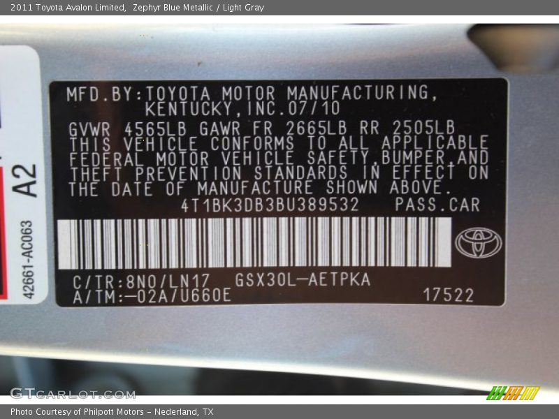 Zephyr Blue Metallic / Light Gray 2011 Toyota Avalon Limited