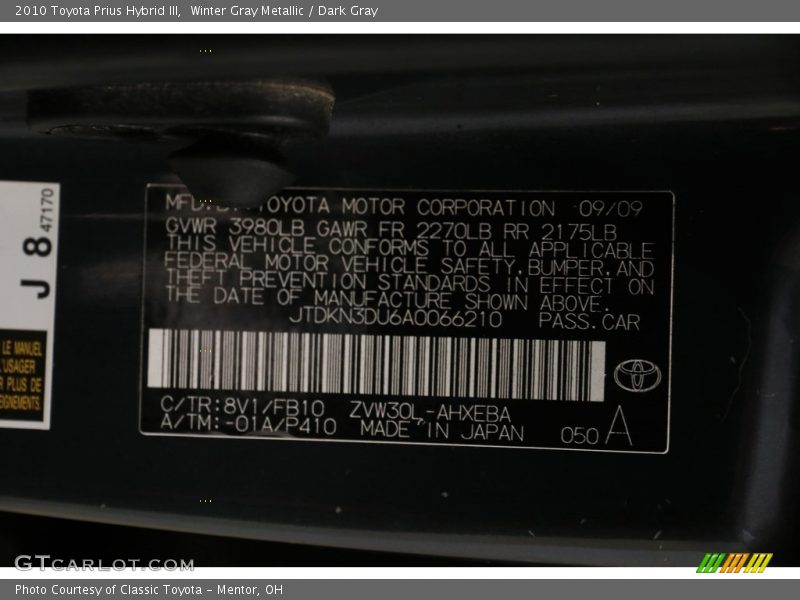 Winter Gray Metallic / Dark Gray 2010 Toyota Prius Hybrid III