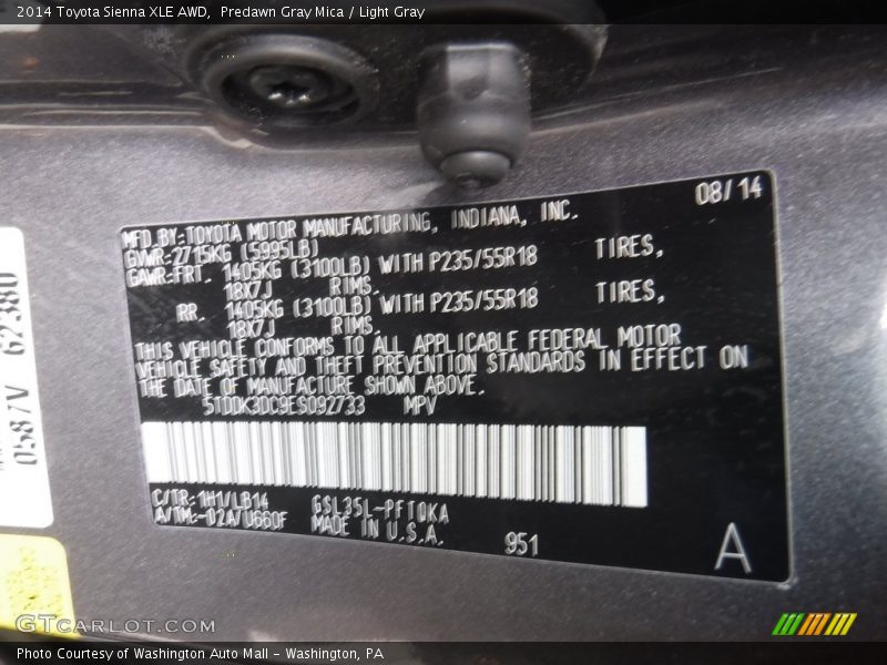 Predawn Gray Mica / Light Gray 2014 Toyota Sienna XLE AWD