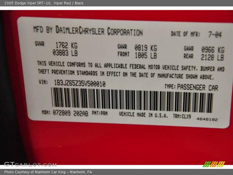 Viper Red / Black 2005 Dodge Viper SRT-10