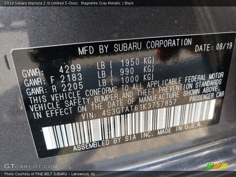 Magnetite Gray Metallic / Black 2019 Subaru Impreza 2.0i Limited 5-Door