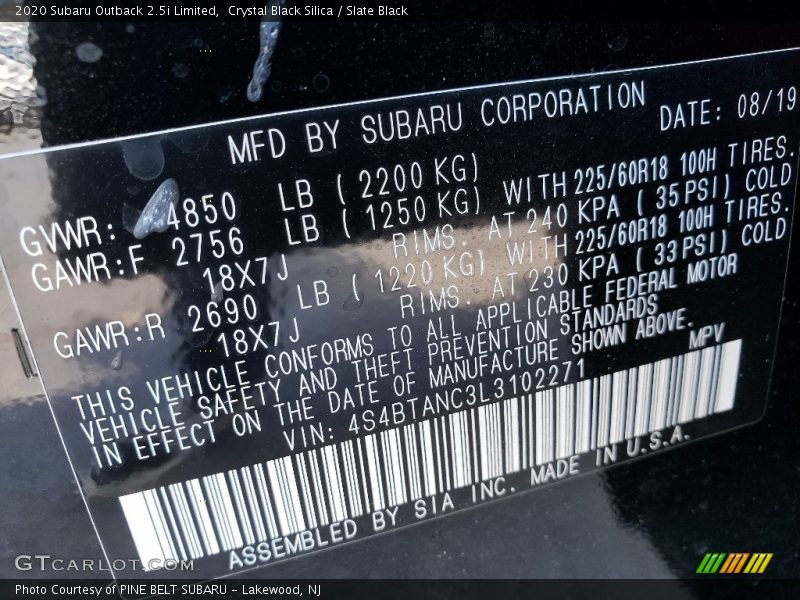 Crystal Black Silica / Slate Black 2020 Subaru Outback 2.5i Limited