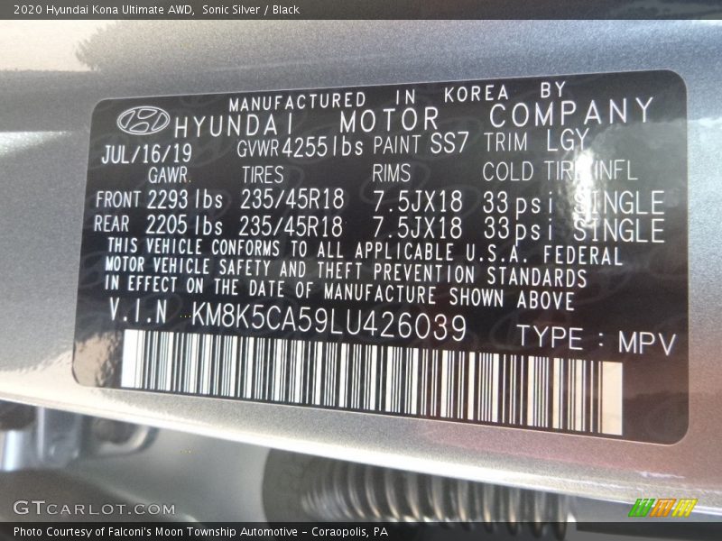 2020 Kona Ultimate AWD Sonic Silver Color Code SS7