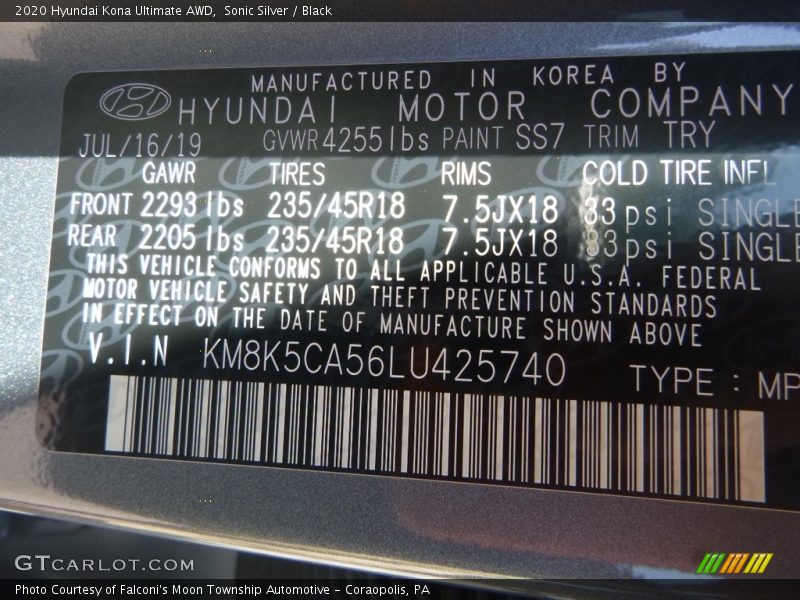 2020 Kona Ultimate AWD Sonic Silver Color Code SS7