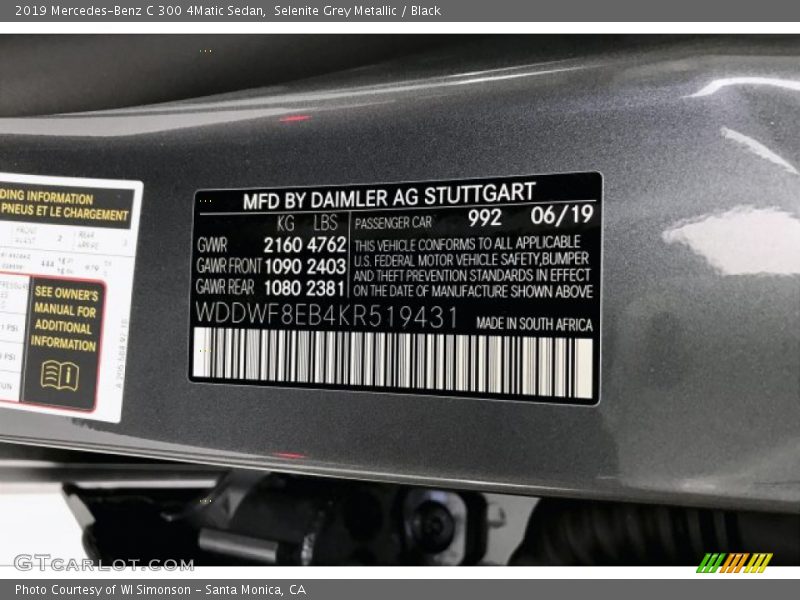 2019 C 300 4Matic Sedan Selenite Grey Metallic Color Code 992