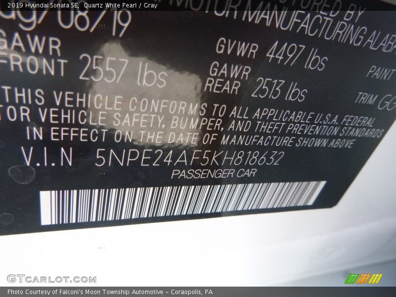 Quartz White Pearl / Gray 2019 Hyundai Sonata SE