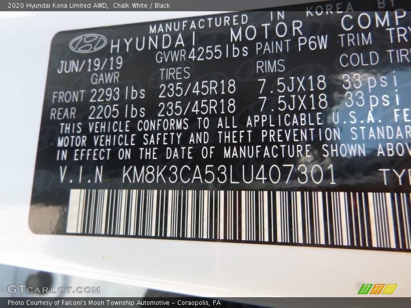 Chalk White / Black 2020 Hyundai Kona Limited AWD