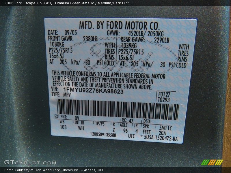 Titanium Green Metallic / Medium/Dark Flint 2006 Ford Escape XLS 4WD