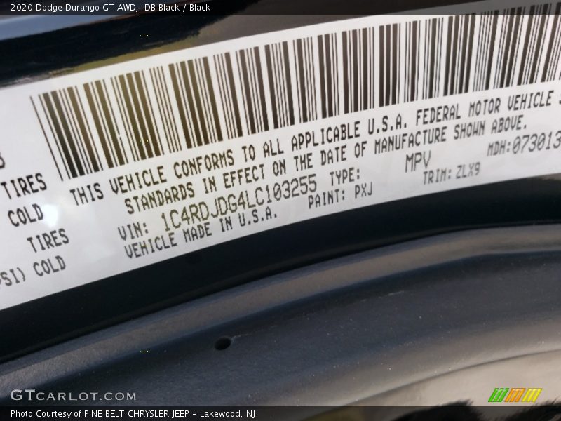 2020 Durango GT AWD DB Black Color Code PXJ