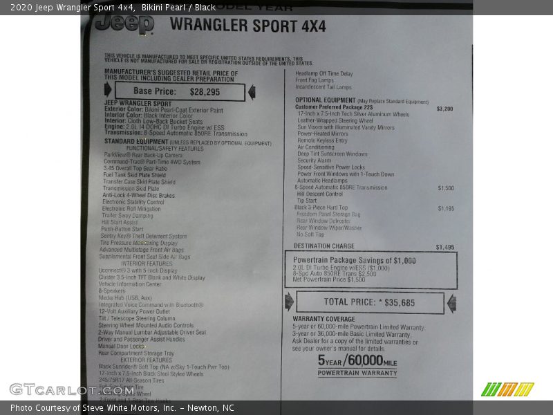  2020 Wrangler Sport 4x4 Window Sticker