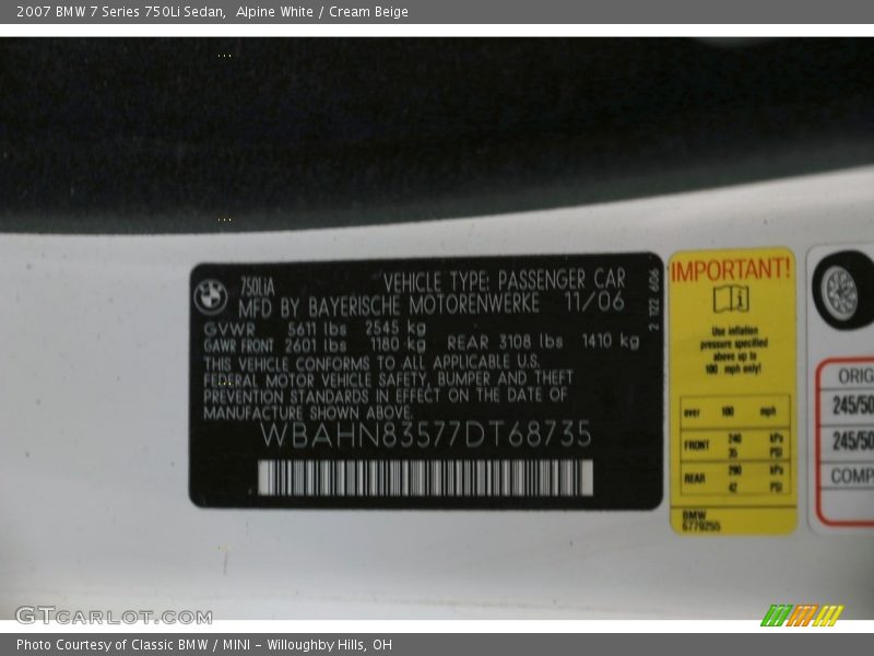 Alpine White / Cream Beige 2007 BMW 7 Series 750Li Sedan