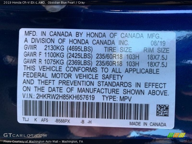 Obsidian Blue Pearl / Gray 2019 Honda CR-V EX-L AWD