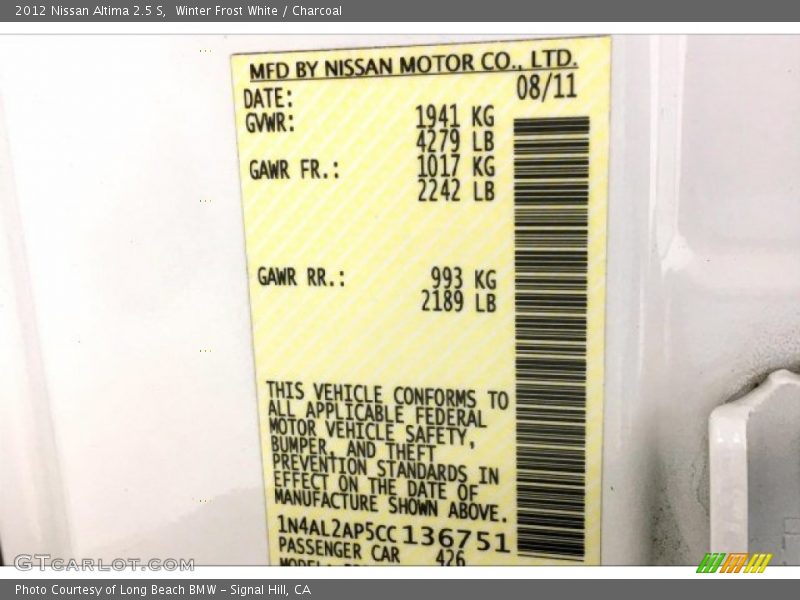 Winter Frost White / Charcoal 2012 Nissan Altima 2.5 S