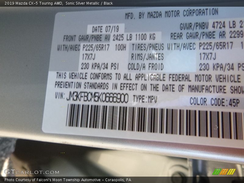 Sonic Silver Metallic / Black 2019 Mazda CX-5 Touring AWD