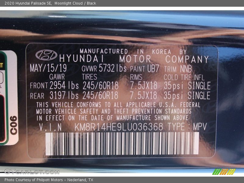 2020 Palisade SE Moonlight Cloud Color Code UB7