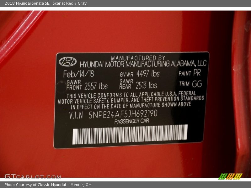 Scarlet Red / Gray 2018 Hyundai Sonata SE