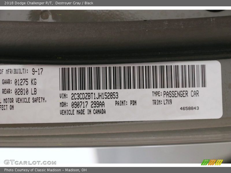 Destroyer Gray / Black 2018 Dodge Challenger R/T