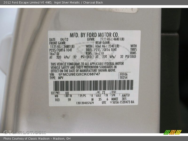 Ingot Silver Metallic / Charcoal Black 2012 Ford Escape Limited V6 4WD