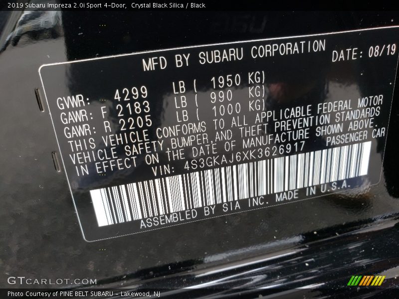 Crystal Black Silica / Black 2019 Subaru Impreza 2.0i Sport 4-Door