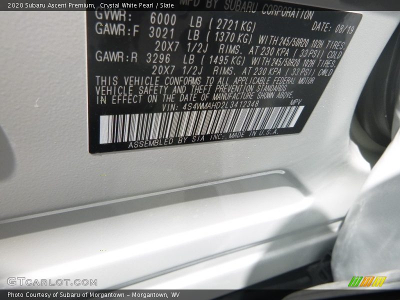 Crystal White Pearl / Slate 2020 Subaru Ascent Premium