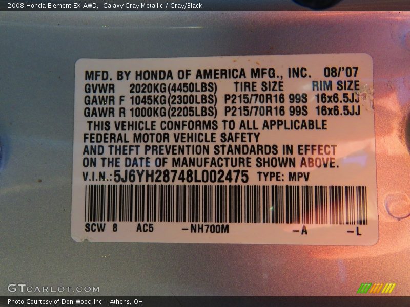 Galaxy Gray Metallic / Gray/Black 2008 Honda Element EX AWD