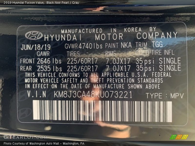 Black Noir Pearl / Gray 2019 Hyundai Tucson Value