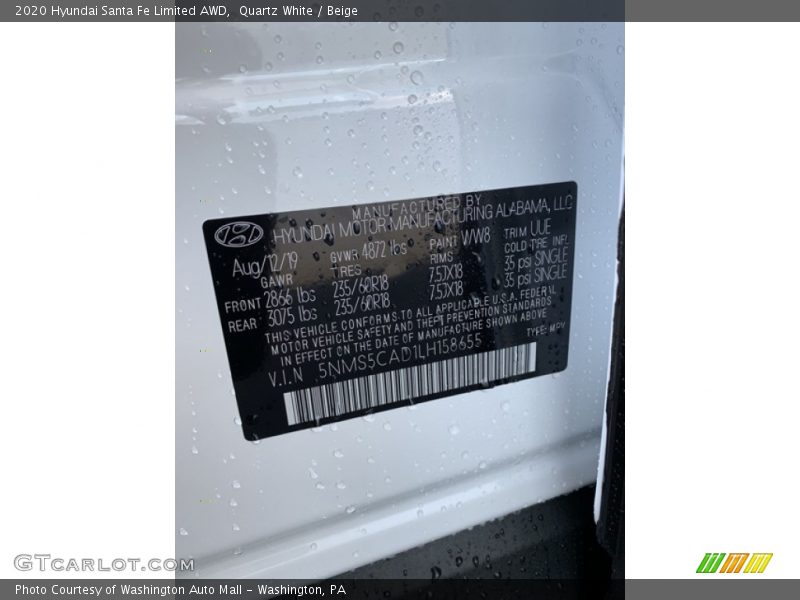 Quartz White / Beige 2020 Hyundai Santa Fe Limited AWD