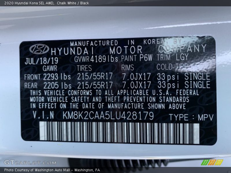 Chalk White / Black 2020 Hyundai Kona SEL AWD