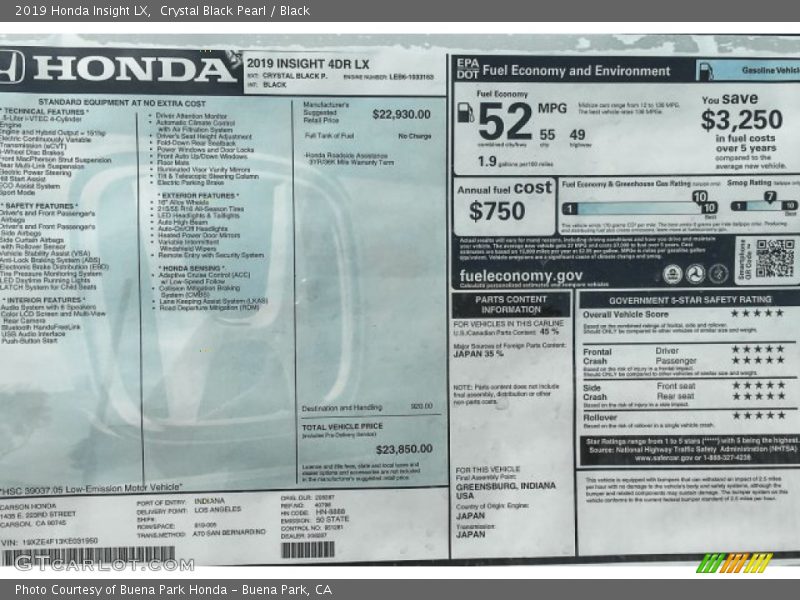 Crystal Black Pearl / Black 2019 Honda Insight LX