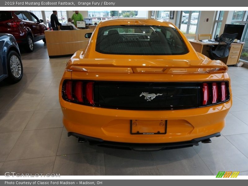 Orange Fury / Ebony 2019 Ford Mustang EcoBoost Fastback