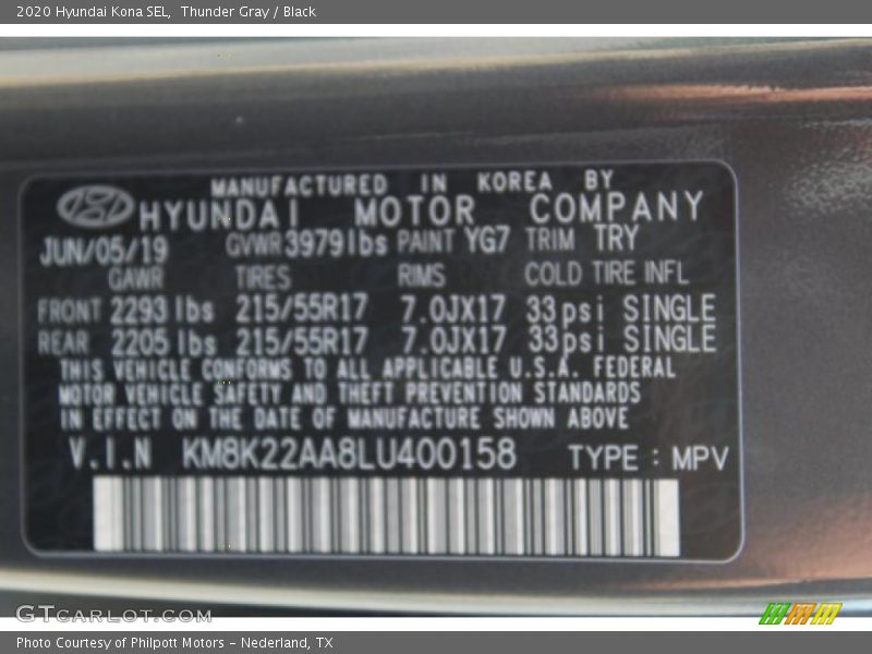 Thunder Gray / Black 2020 Hyundai Kona SEL