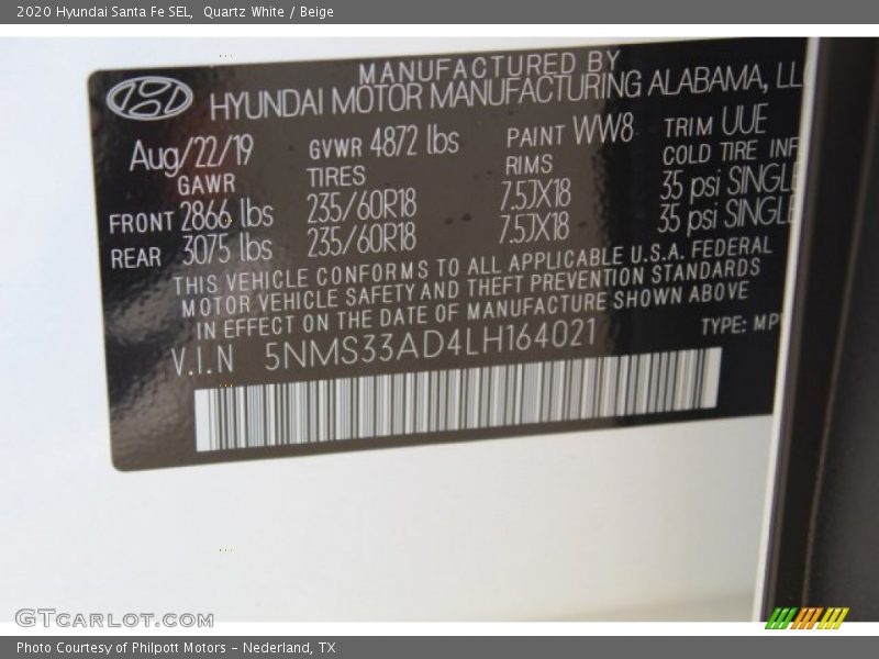 Quartz White / Beige 2020 Hyundai Santa Fe SEL