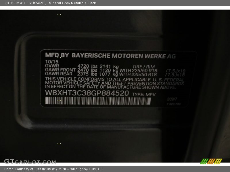 Mineral Grey Metallic / Black 2016 BMW X1 xDrive28i