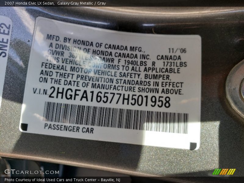 Galaxy Gray Metallic / Gray 2007 Honda Civic LX Sedan